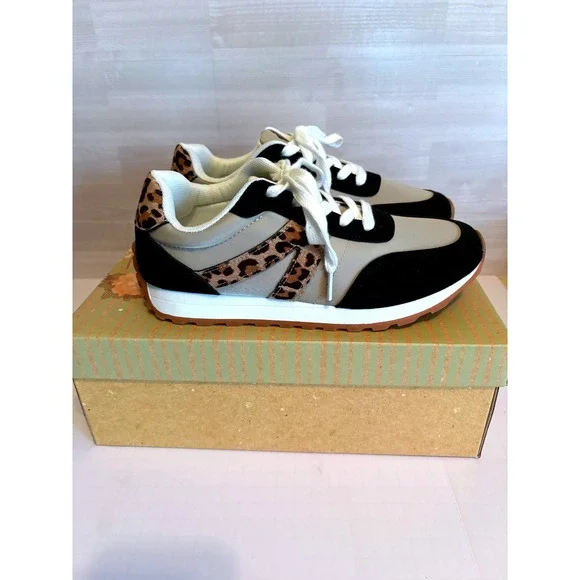 Very G Women Sneakers Joel Size 7.5 Black Leopard Tan Lace Up Fashion Shoes NEW - Picture 4 of 13